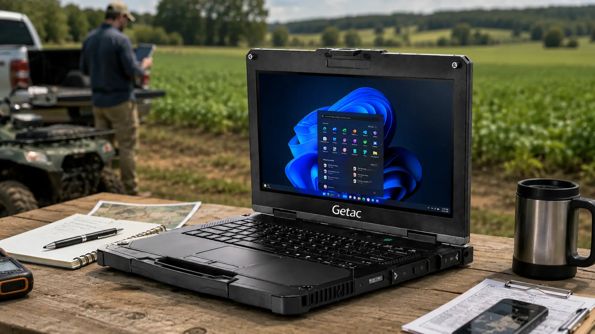 Rugged Getac laptop running Windows 11 on a farm workbench with fields and equipment in background