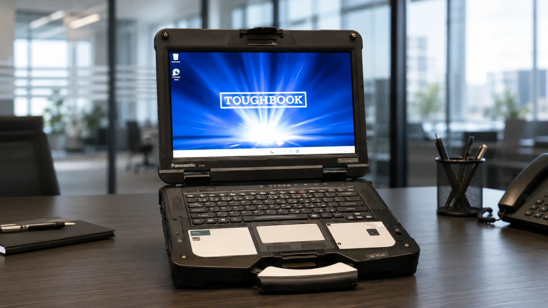 Rugged Panasonic Toughbook laptop on a conference table in a glass-walled corporate office