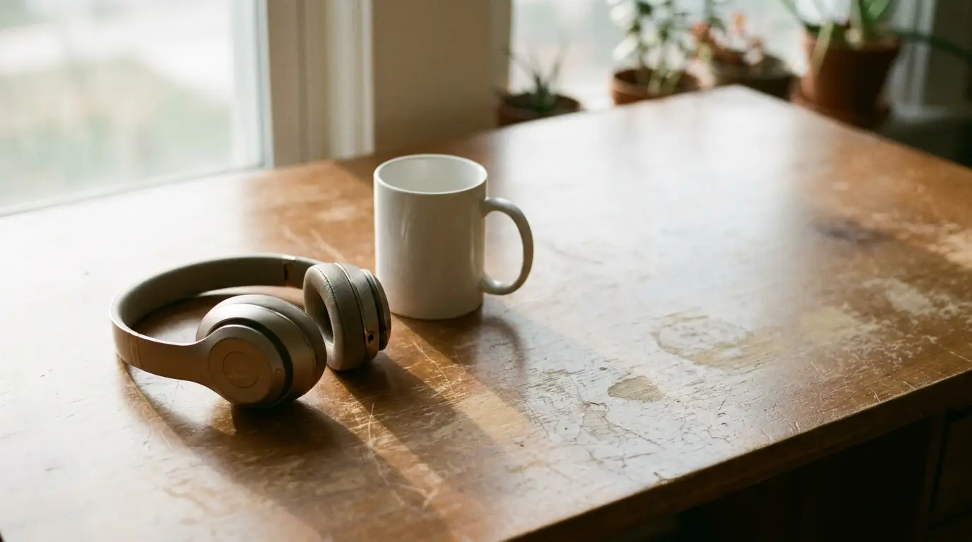 Headphones and white mug on a wooden desk with indoor plants nearby
