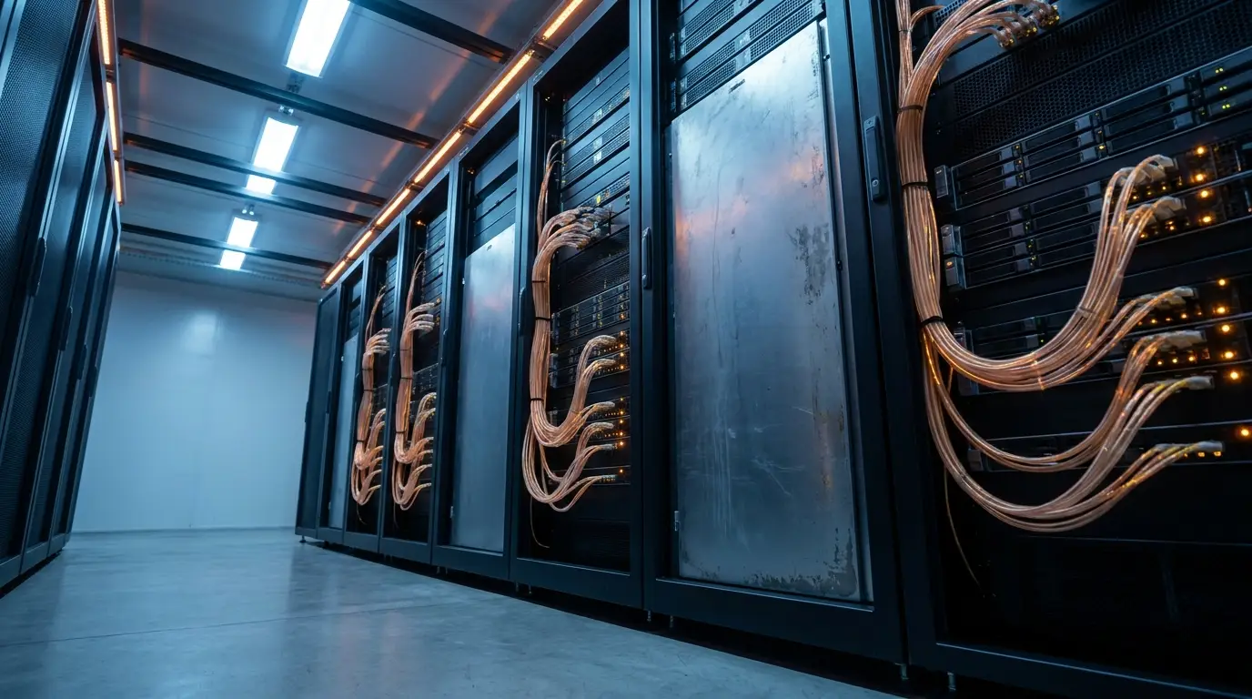 Server racks with network cables in illuminated data center corridor