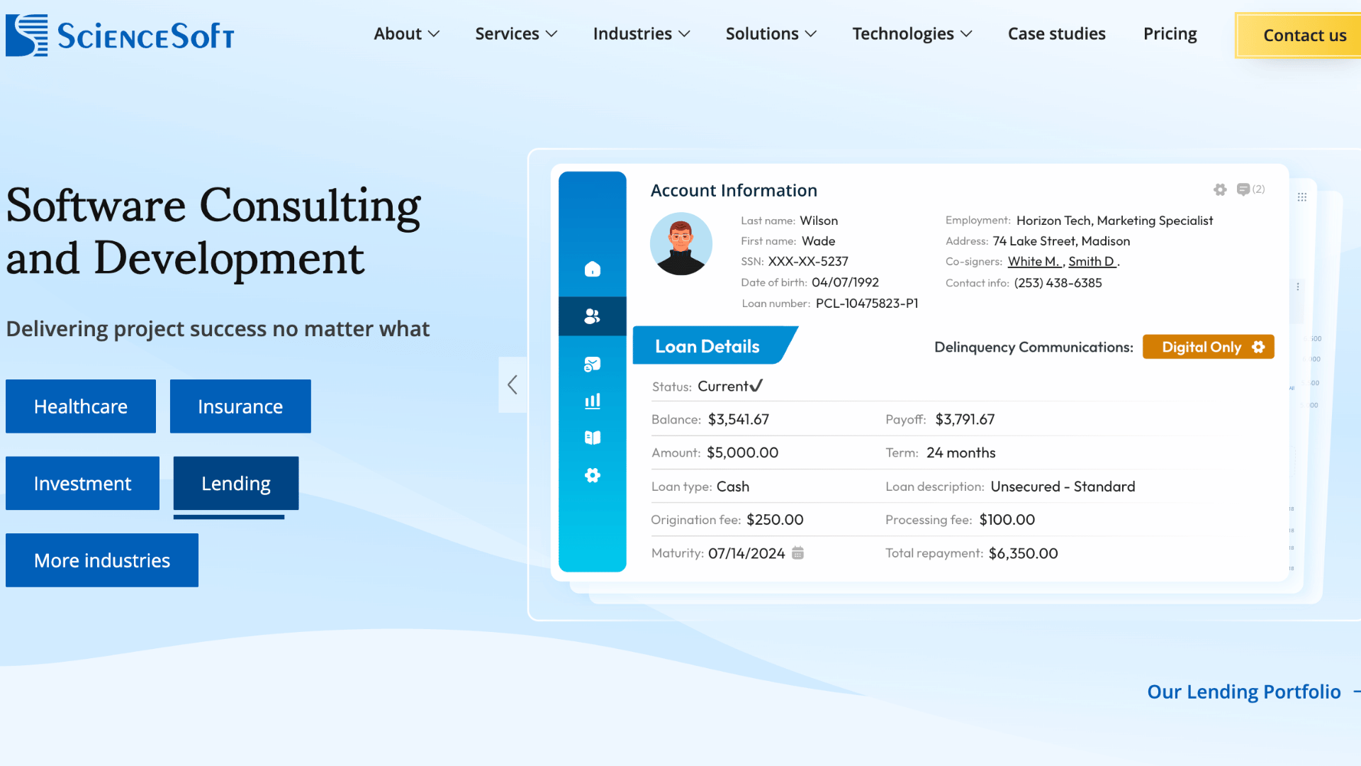 sciencesoft website with text software consulting and development next to an account information user interface display