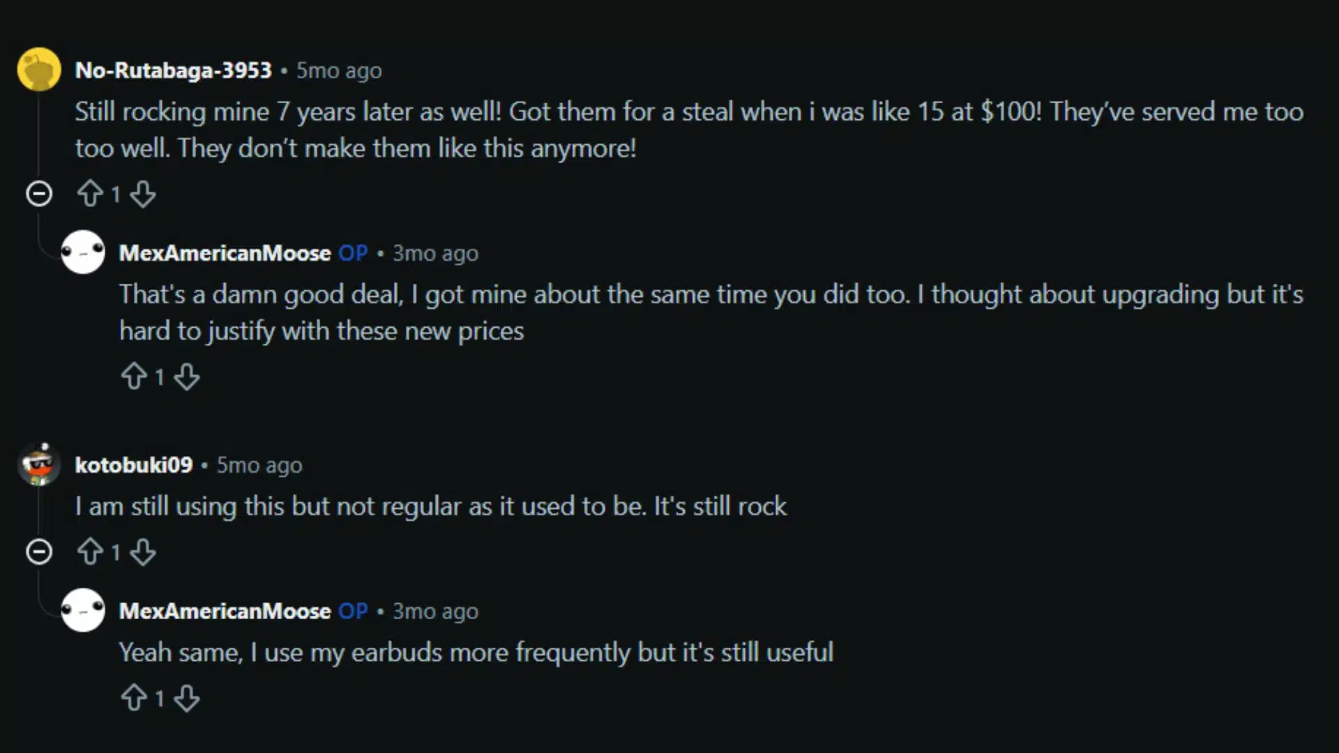 Screenshot of online discussion about long term use and value of Sony headphone