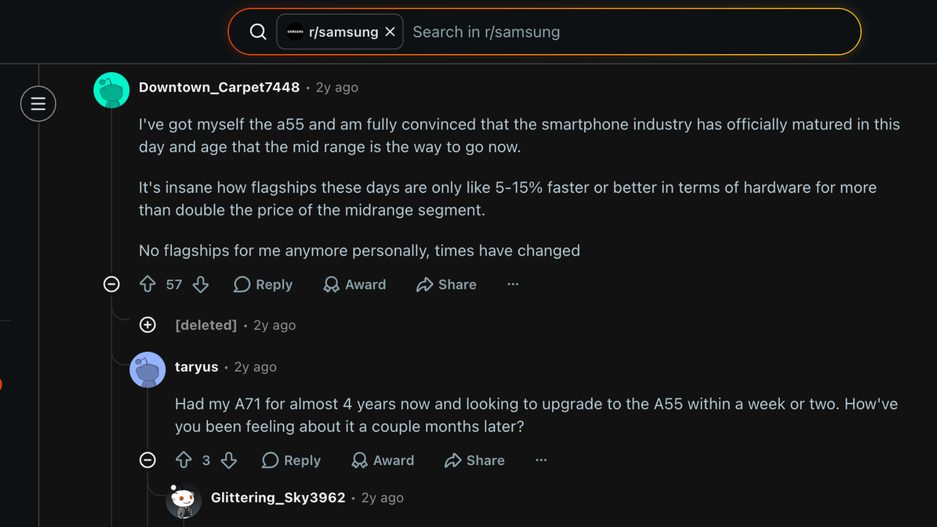 Screenshot of Reddit comments discussing user experiences and opinions on Samsung Galaxy A55 5G