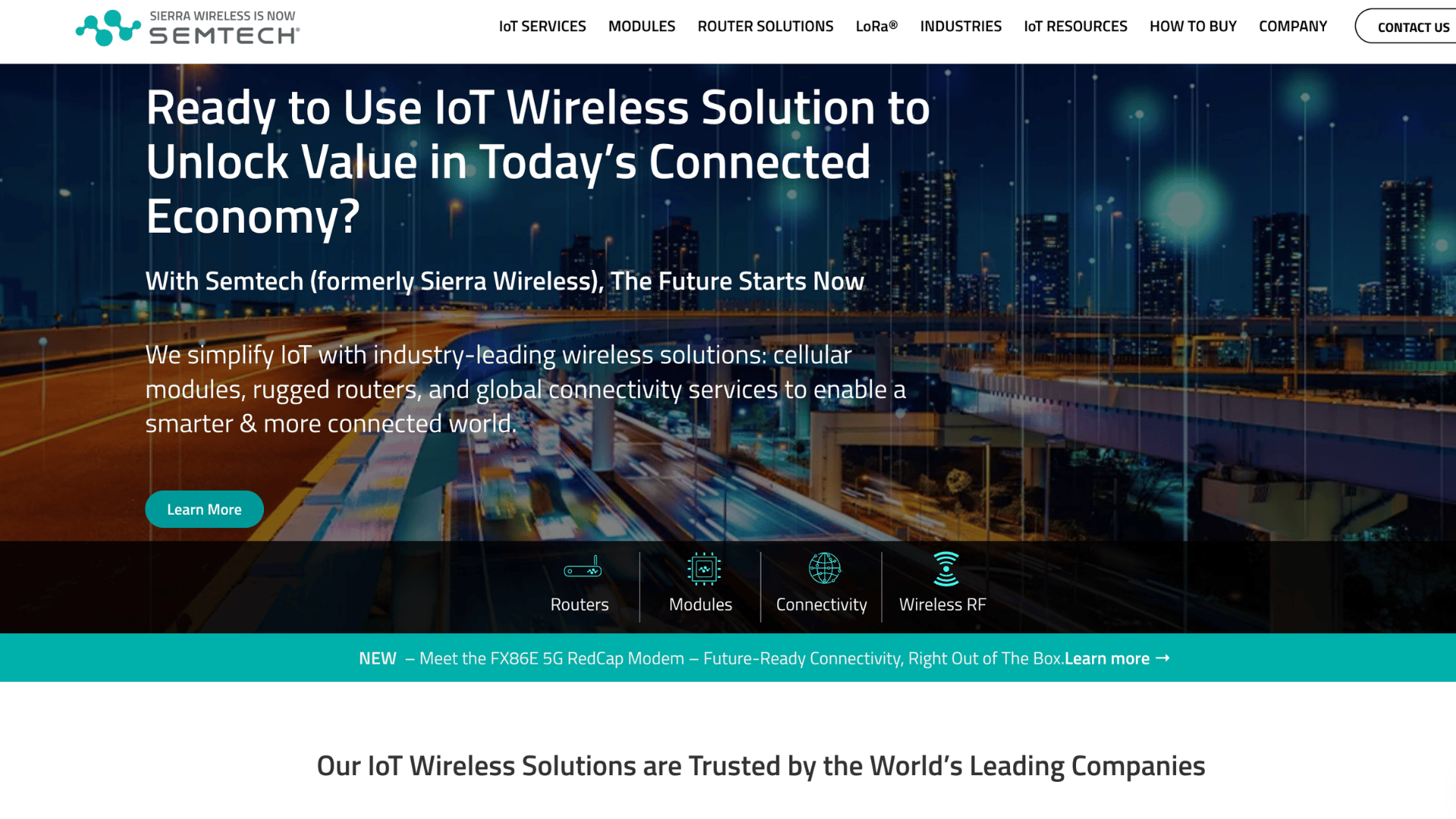 semtech iot wireless solutions webpage showing a cityscape at night with illuminated transit lines