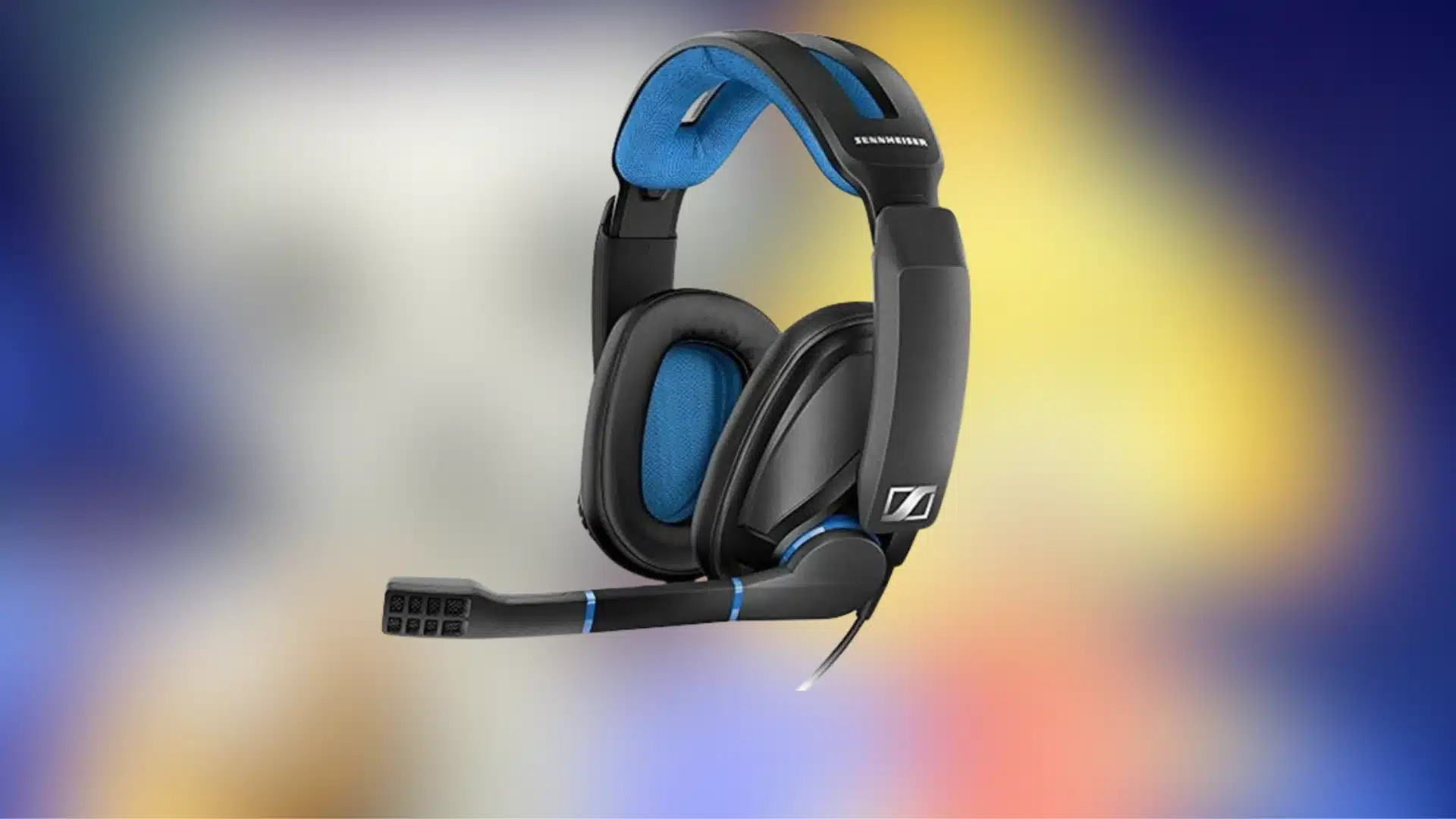Sennheiser GSP 300 gaming headset with blue padding and boom mic on a soft gradient background