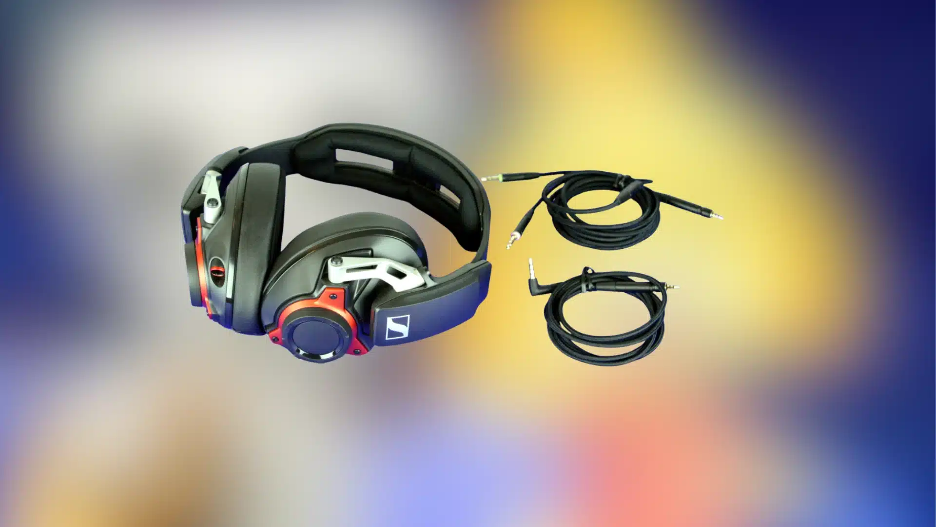 Sennheiser GSP 600 gaming headset with detachable audio cables and padded earcups on colorful background