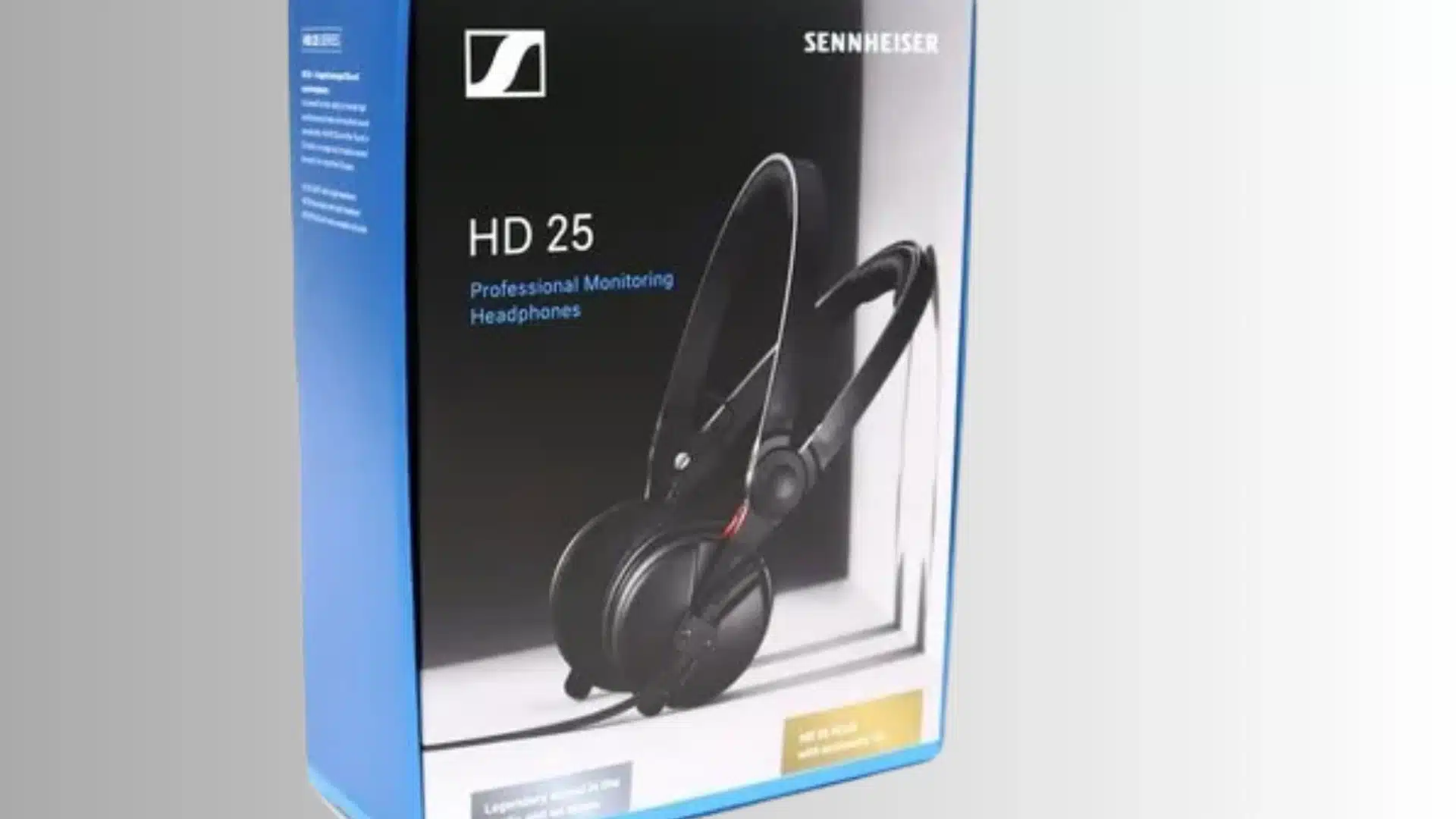 Sennheiser HD 25 professional monitoring headphones box showing black wired on-ear headphones on the packaging
