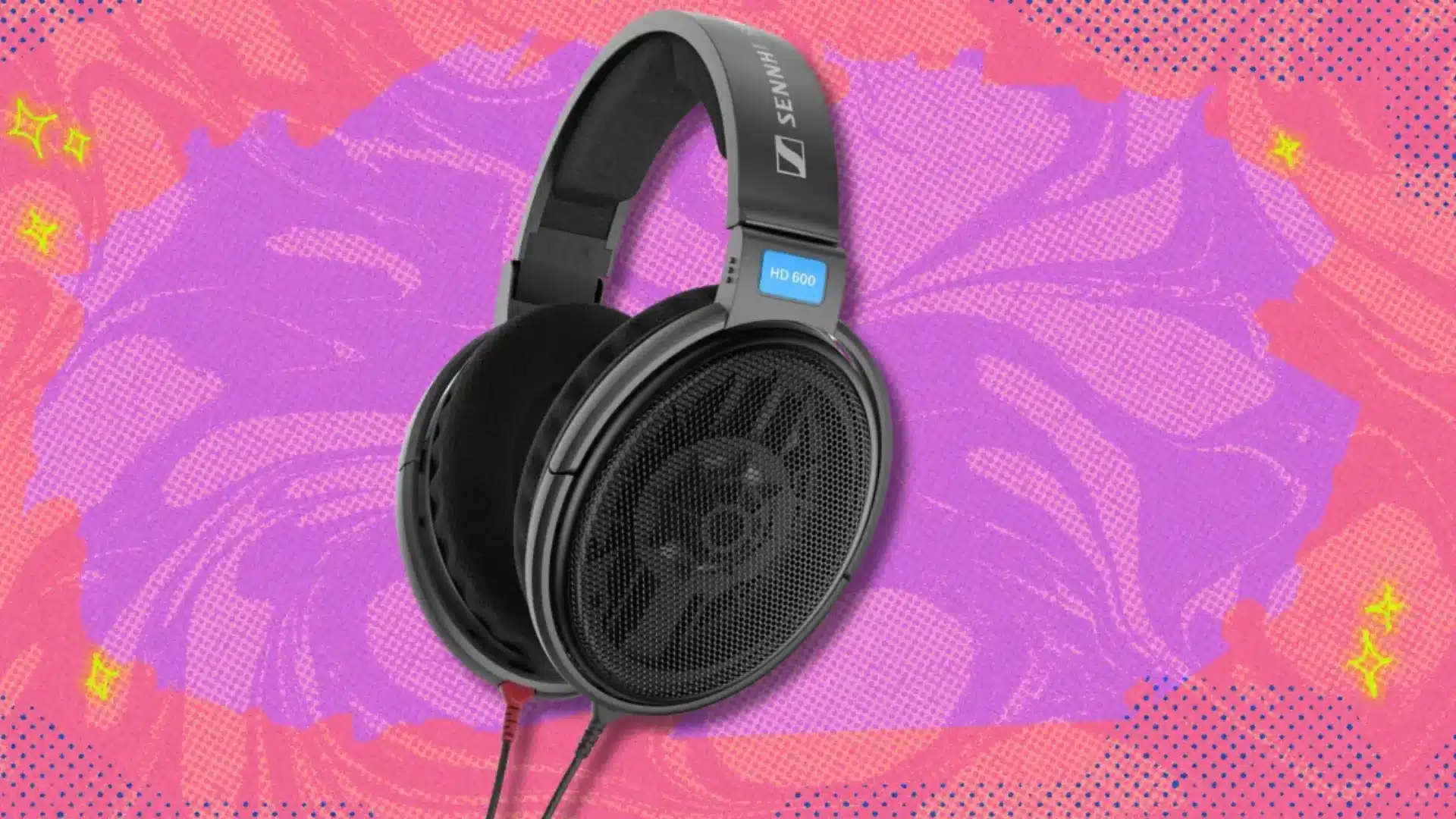 Sennheiser HD 600 wired headphones on a colorful pink and purple graphic background with mesh ear cups