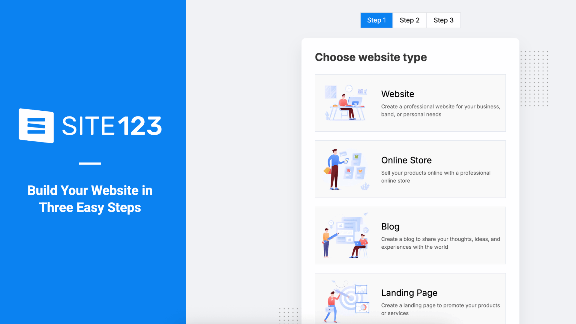 site123 setup page showing website builder options like website online store blog and landing page
