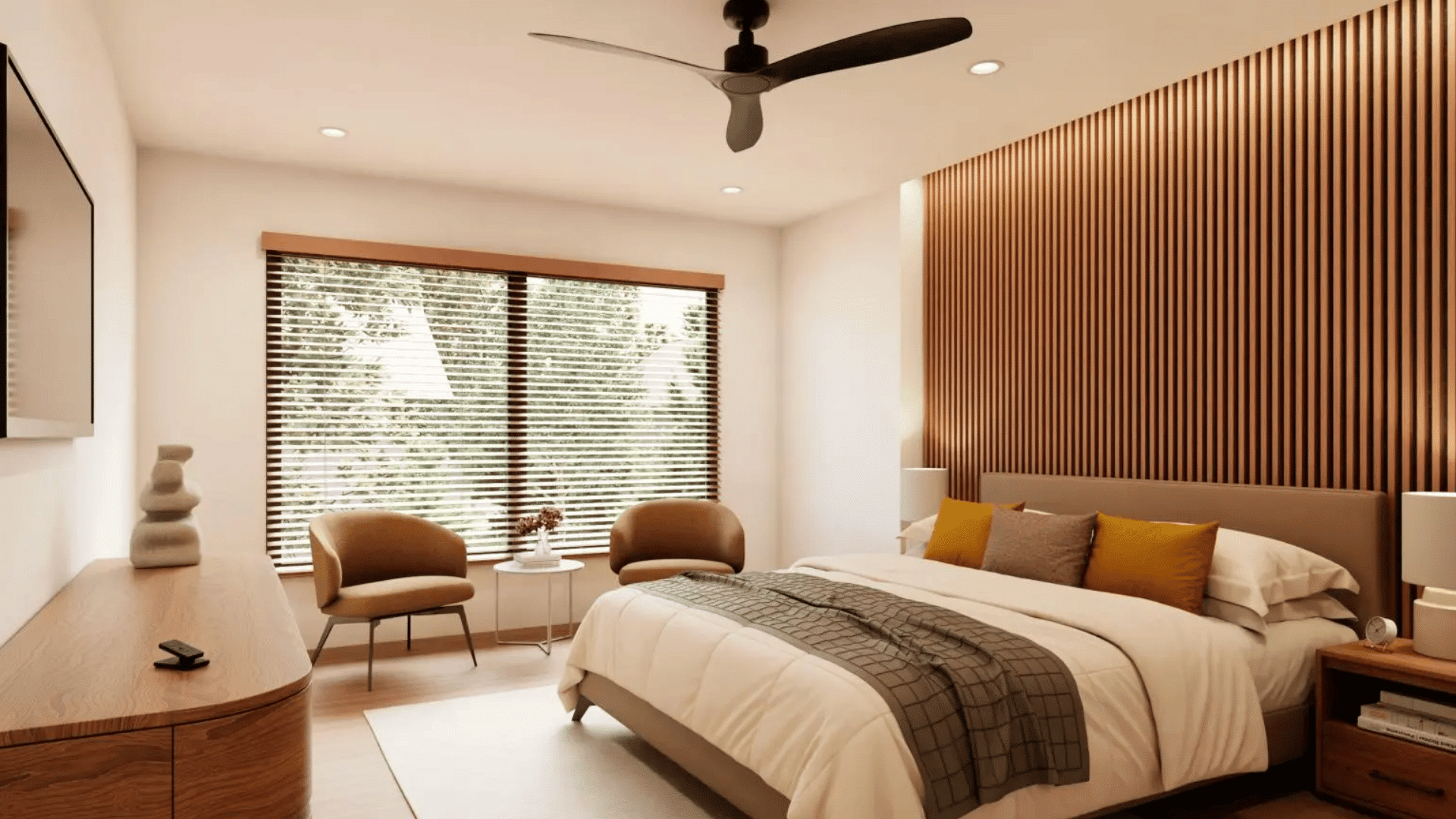 smart bedroom with wooden slat wall ceiling fan large window and automated smart blinds for modern living