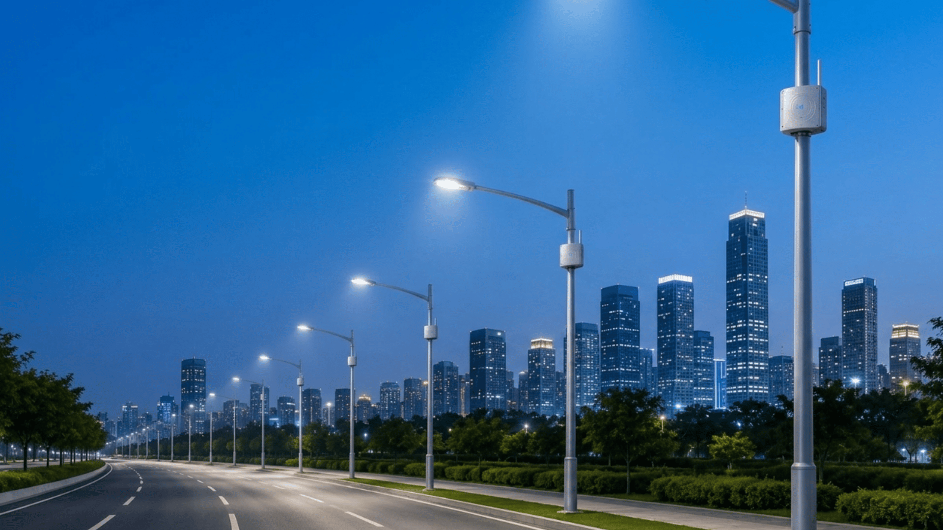 smart city street with connected iot street lights improving energy control and urban traffic systems