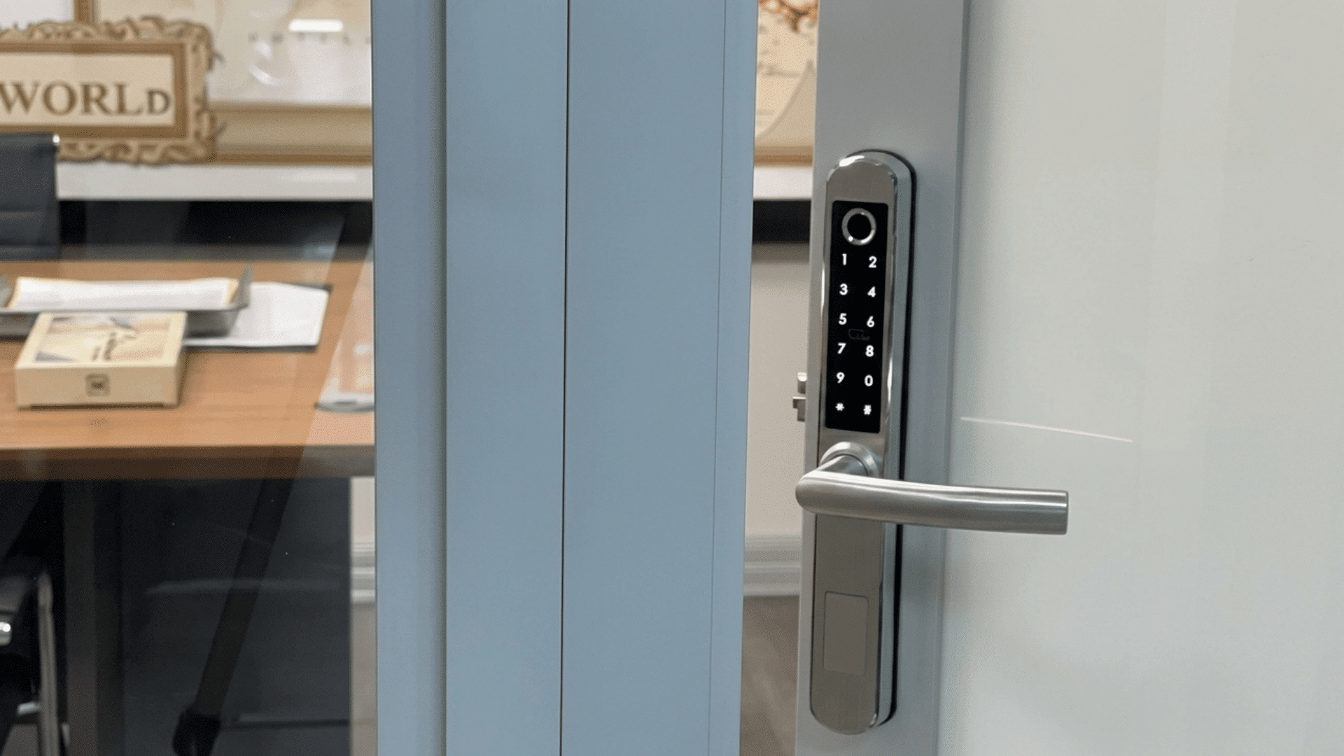 smart door lock with keypad and silver handle on a modern glass office door interior