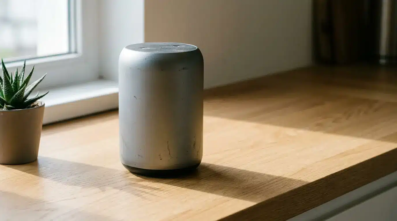 Modern grey smart speaker on wooden countertop with potted succulent in natural light setting