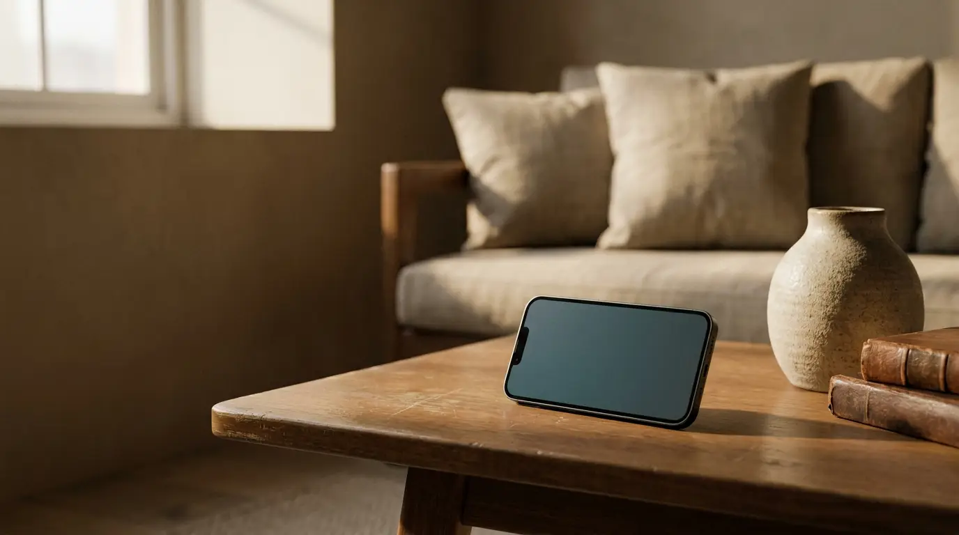 Smartphone resting on wooden table in cozy living room with neutral-toned sofa and pottery vase