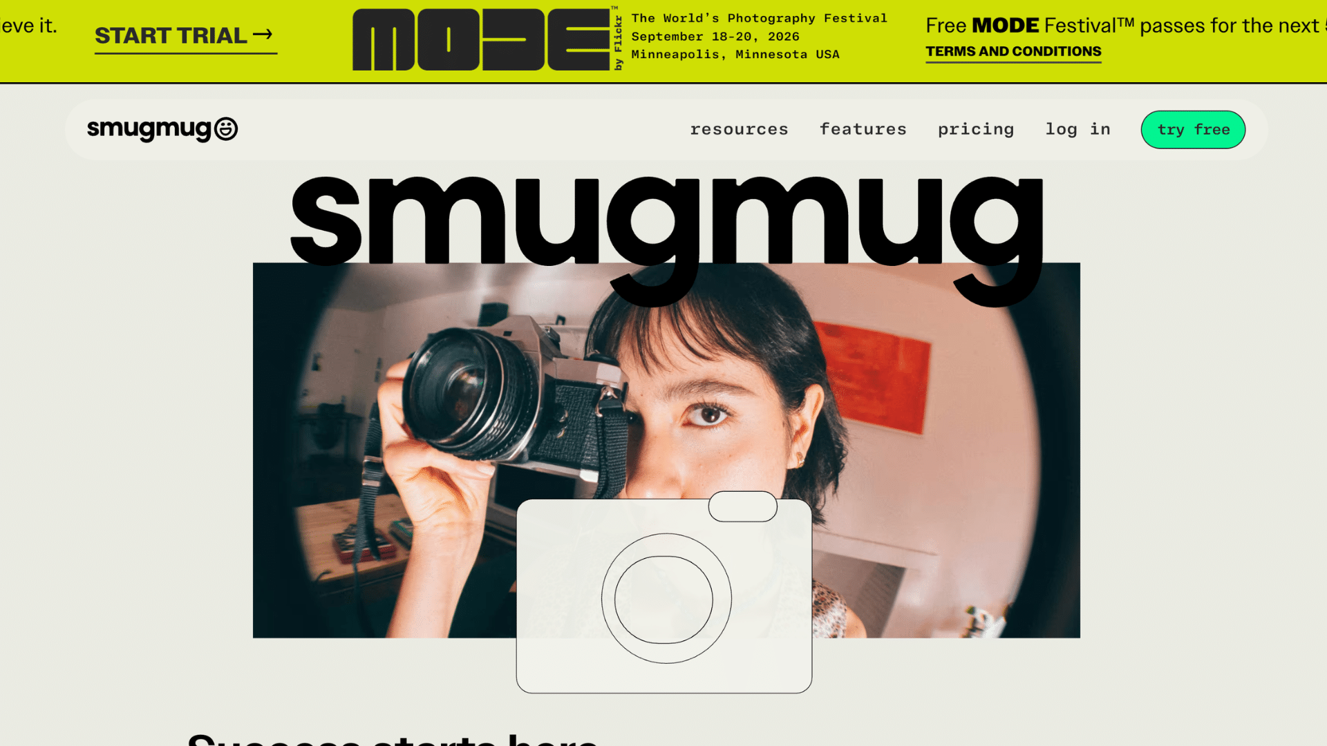 smugmug photography website with woman holding camera and try free button on creative homepage layout