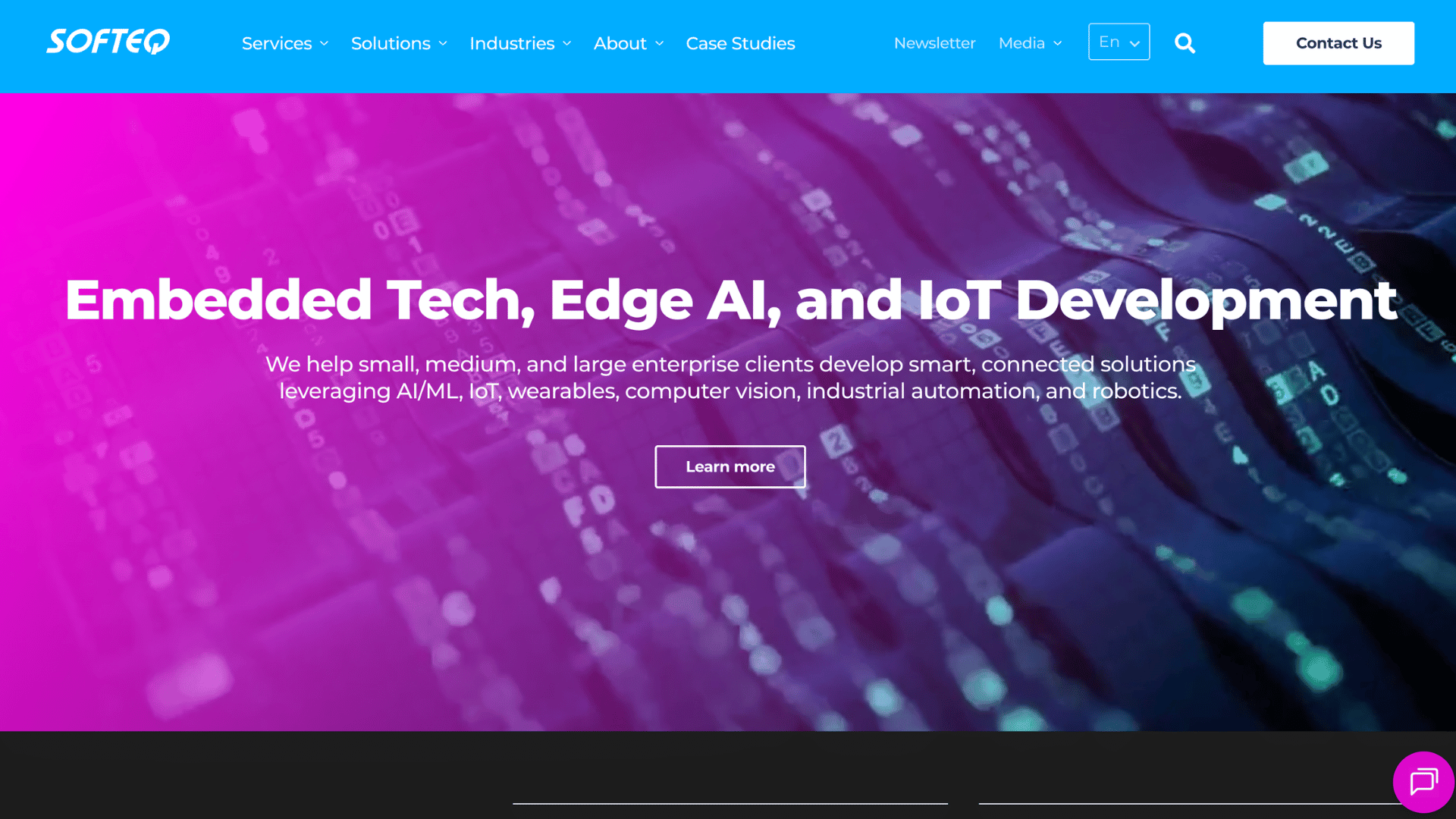softeq website with text embedded tech edge ai and iot development over a purple and blue digital background
