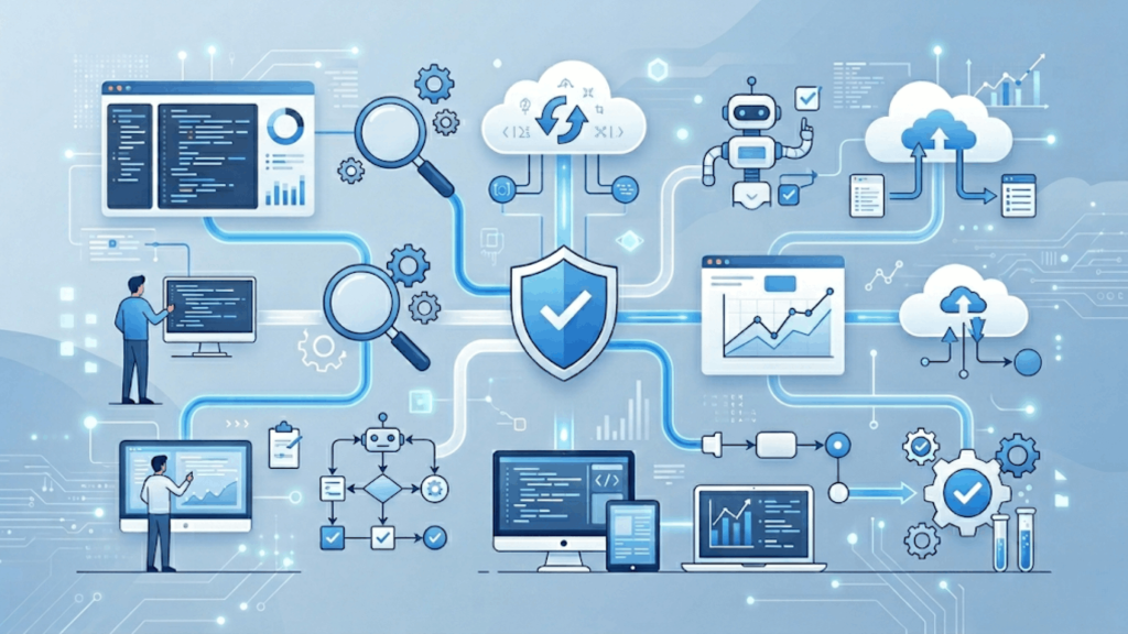 software testing workflow illustration with automation security analytics and cloud systems (1)