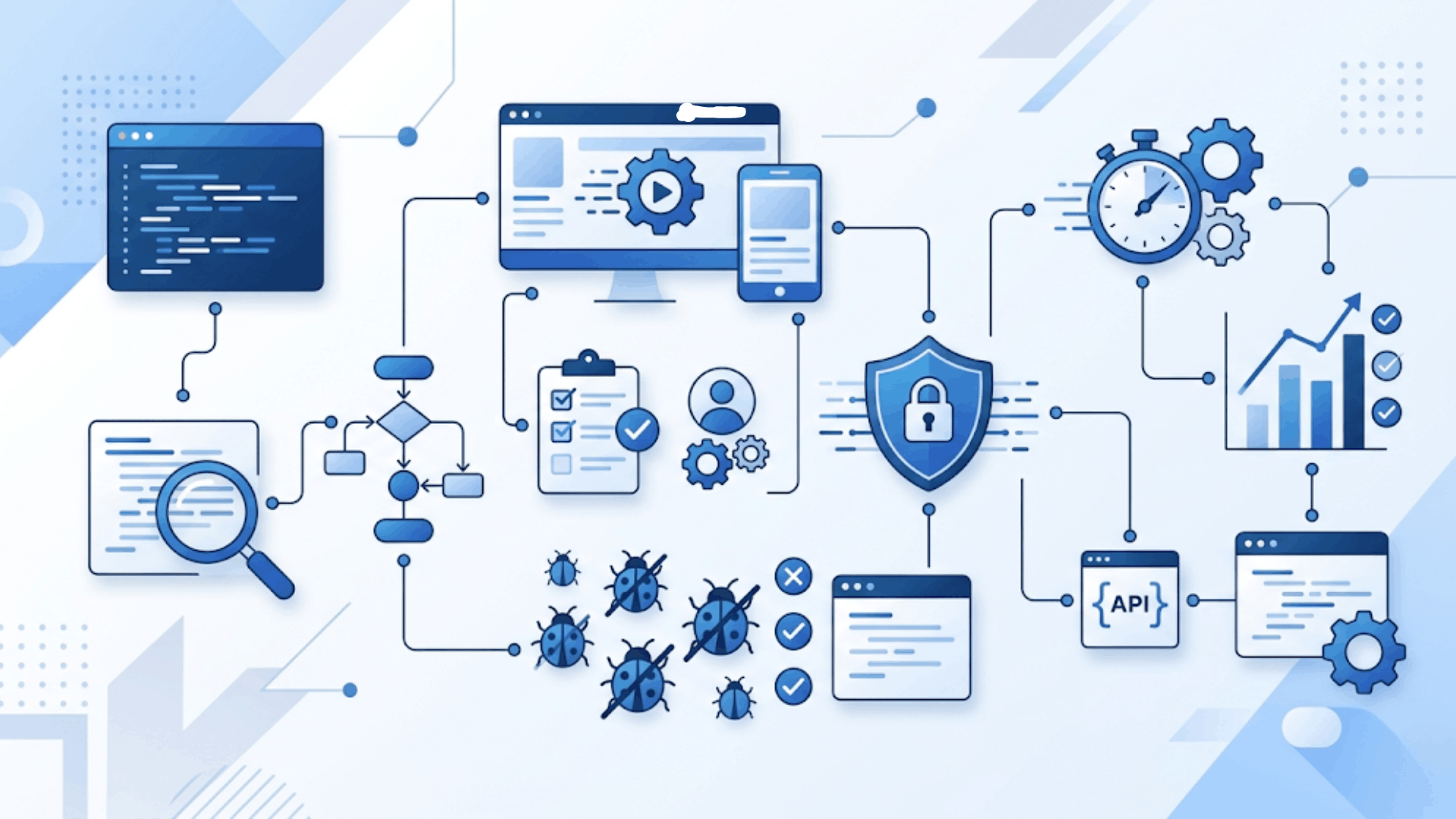 software testing workflow illustration with code analysis bug tracking security and automation icons (1)