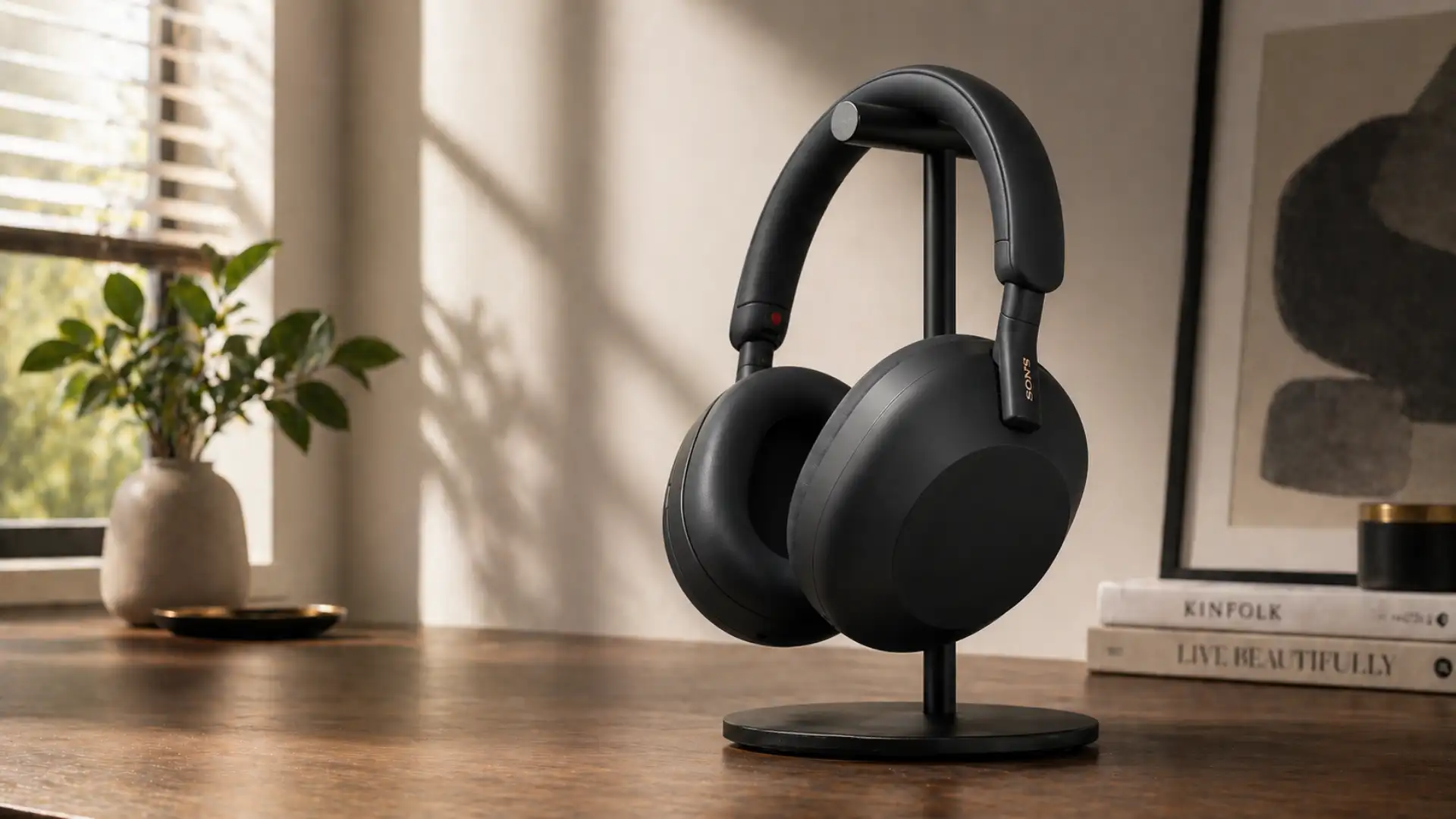 Sony over ear headphones on stand in home setup with sunlight, plant, and minimalist decor background