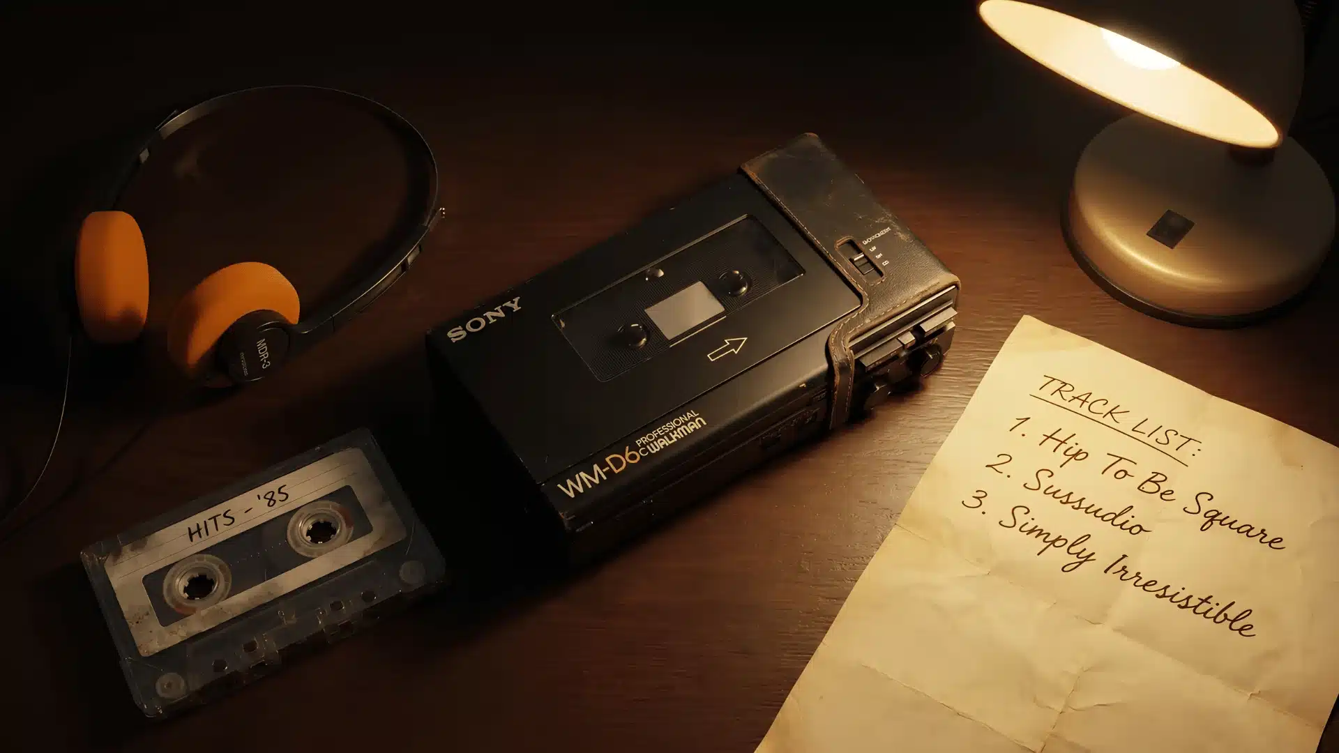 Sony Walkman WM-D6C on desk with cassette, headphones, and handwritten tracklist under warm light