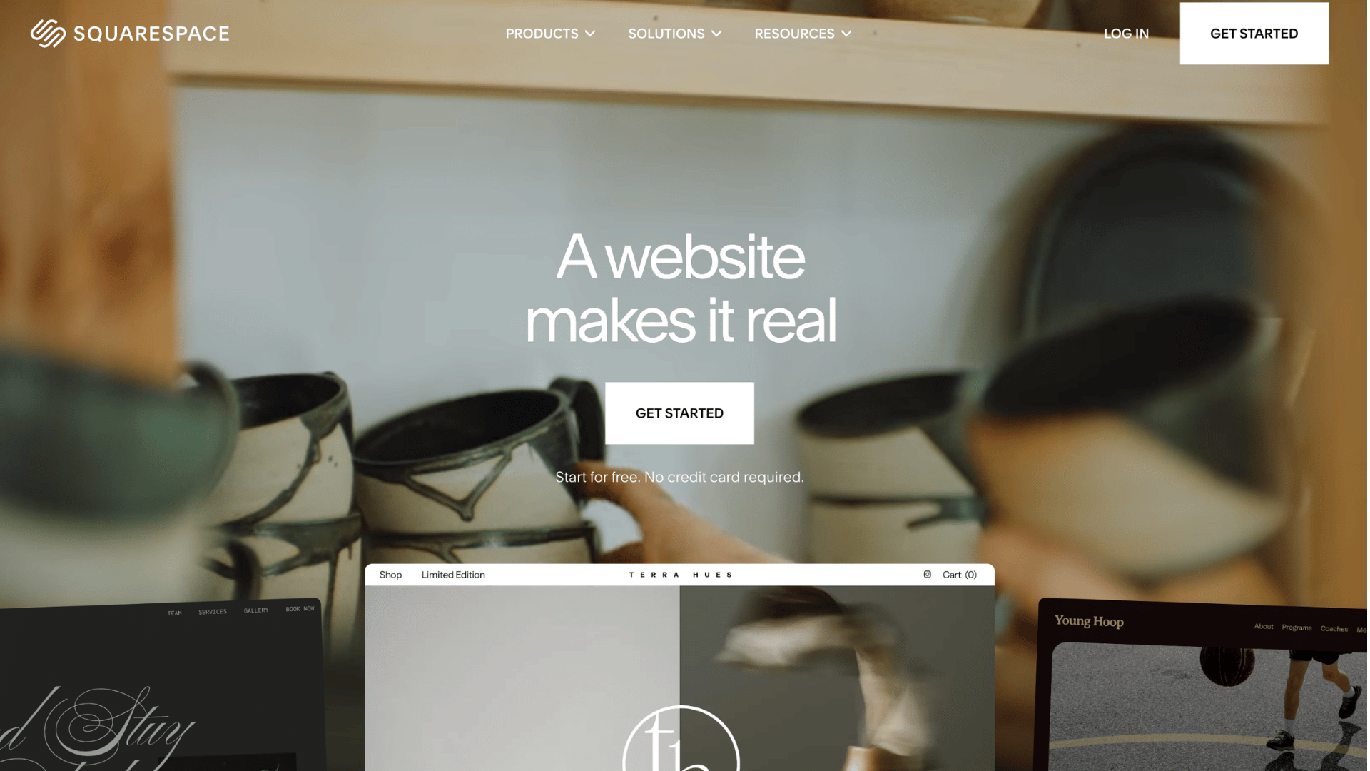 squarespace homepage with ceramic products background and website creation message with get started button centered