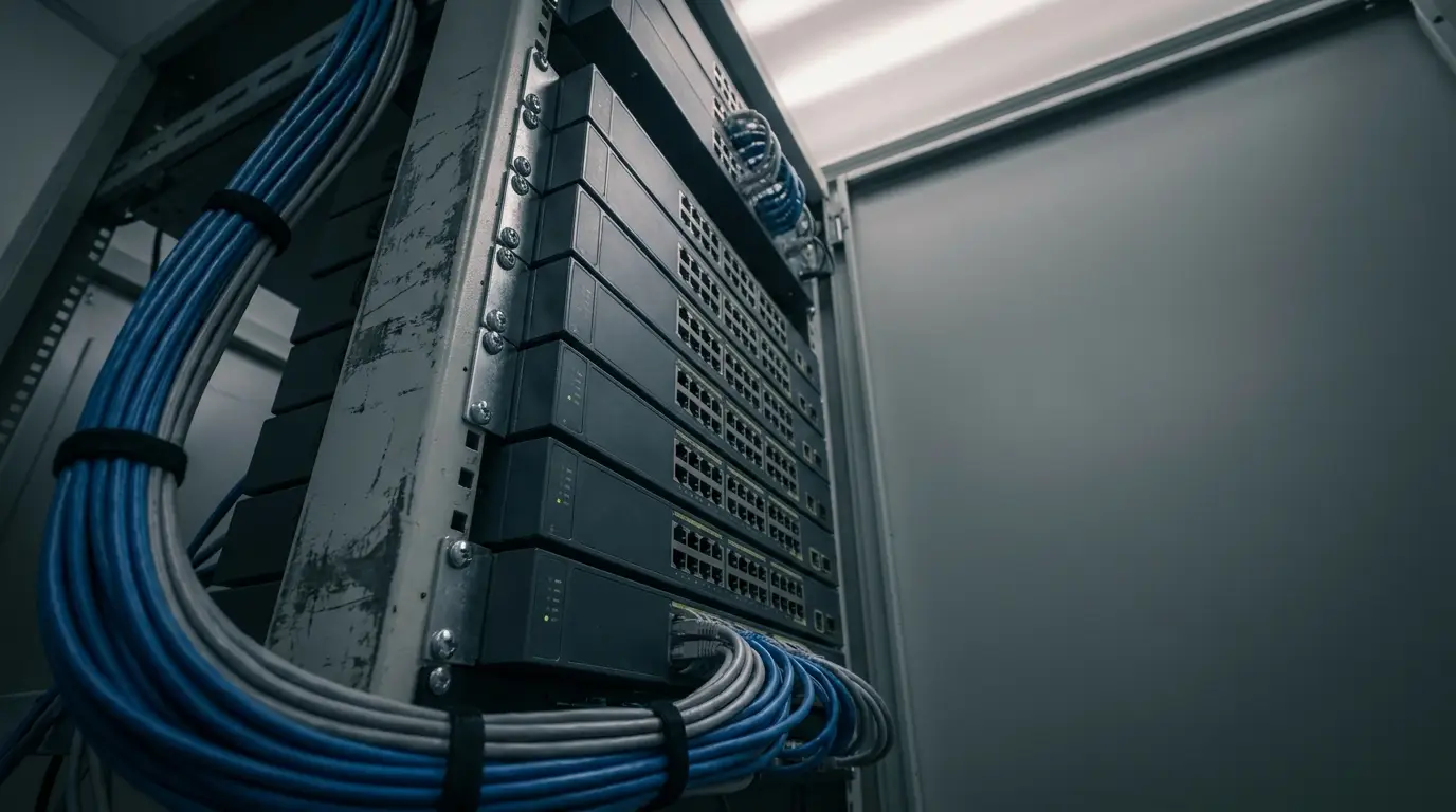 Server rack with network switches and blue cables in dimly lit data center environment