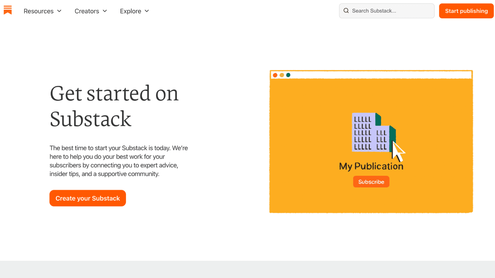 substack homepage with get started on substack message and publication subscribe illustration beside create button