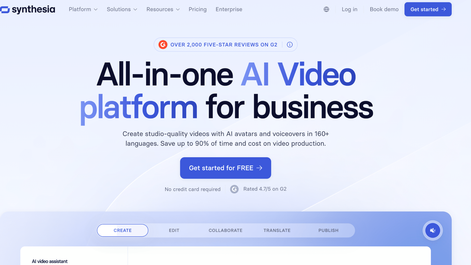 synthesia homepage with ai video platform headline signup button and video creation workflow preview section