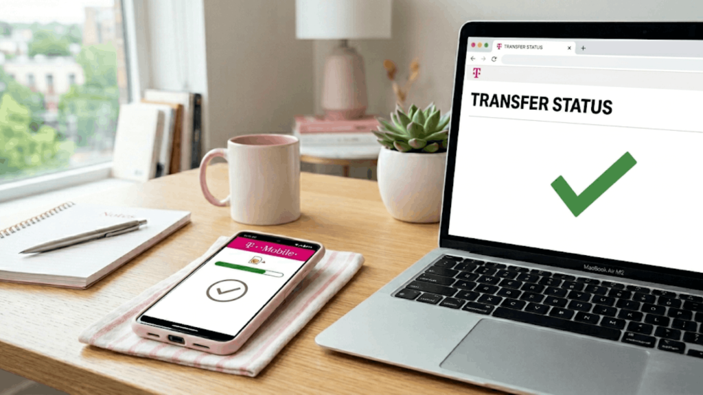 t mobile transfer status displayed on laptop with smartphone on modern home office desk (1)