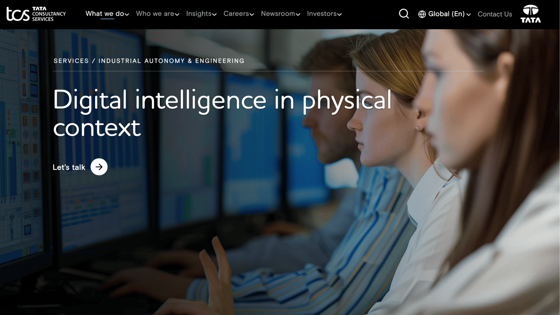 tcs webpage for digital intelligence in physical context showing people looking at computer monitors