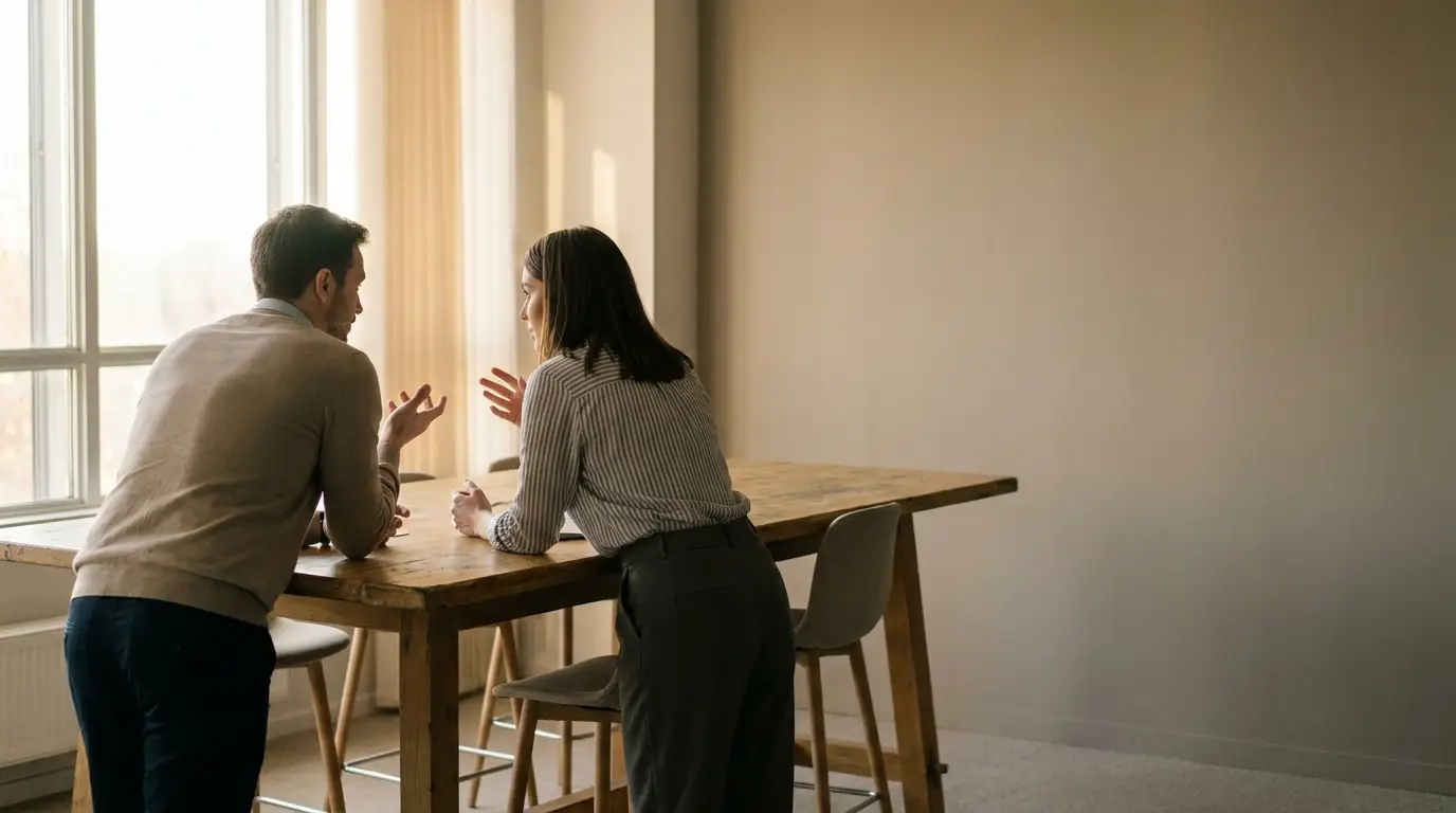 Two people having a discussion at a wooden table in a sunlit room