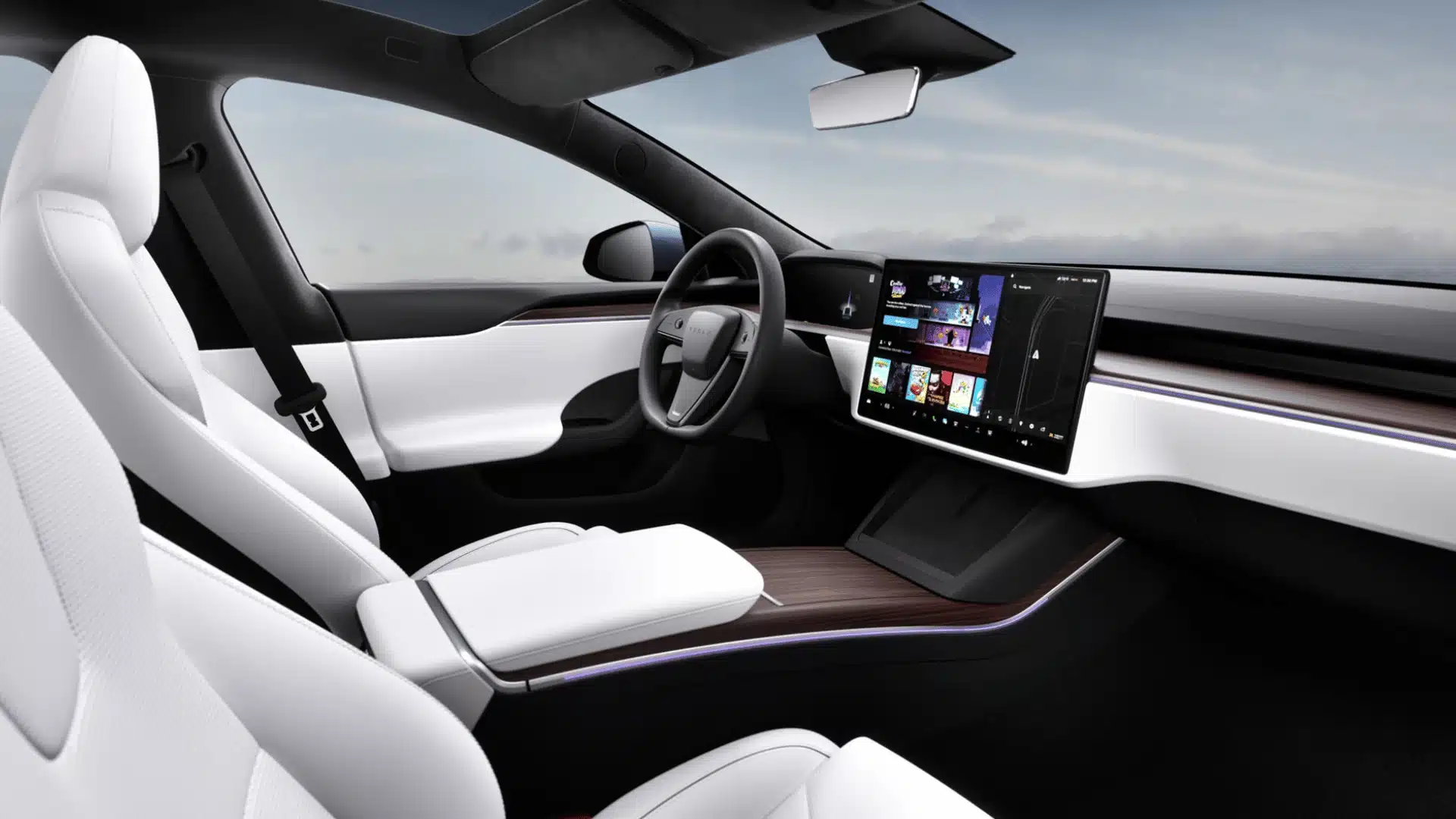 Tesla Model S interior with white seats and large touchscreen dashboard