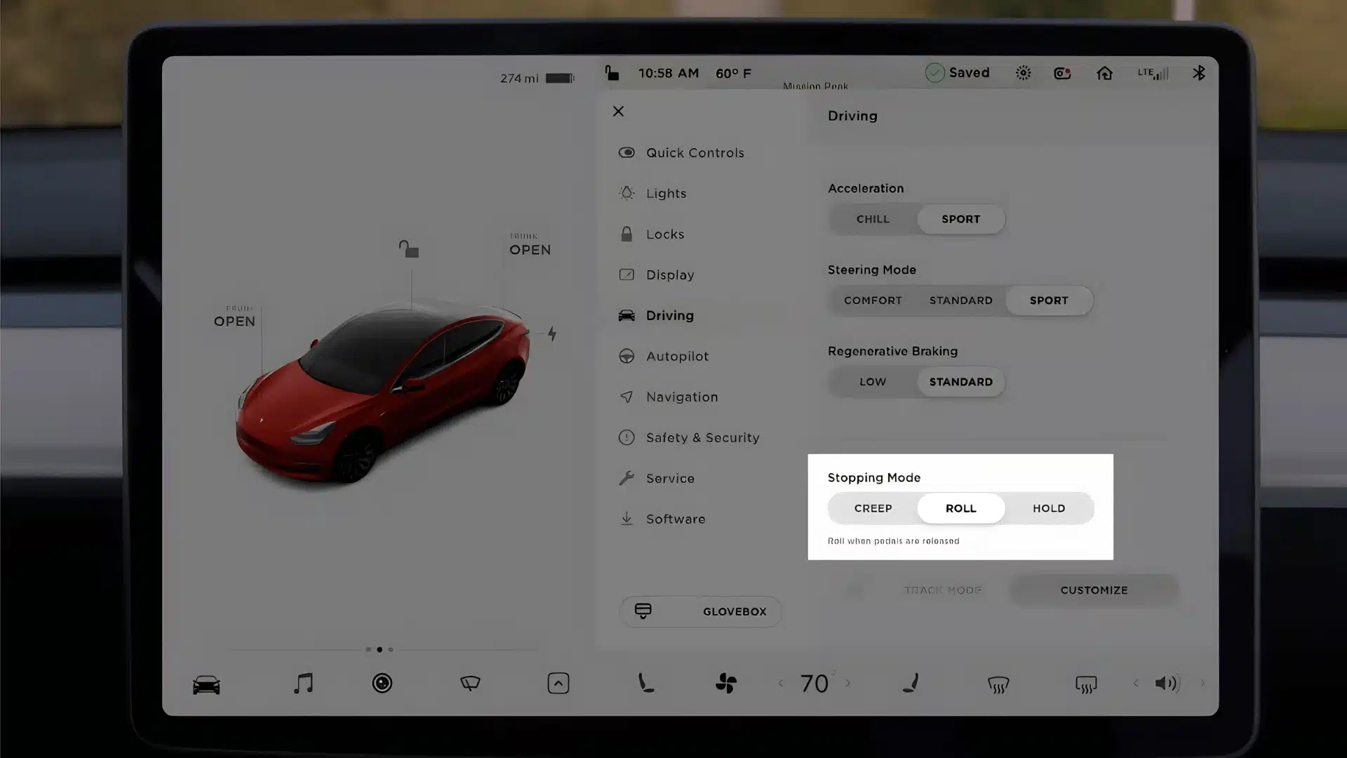 Tesla touchscreen showing driving controls, steering modes, and regenerative braking settings