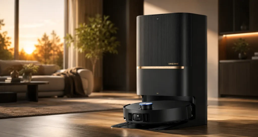 Robotic vacuum with charging dock in modern living room at sunset