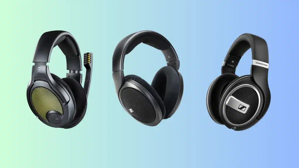 Three black Sennheiser over-ear headphones shown side by side on a soft green and blue gradient background