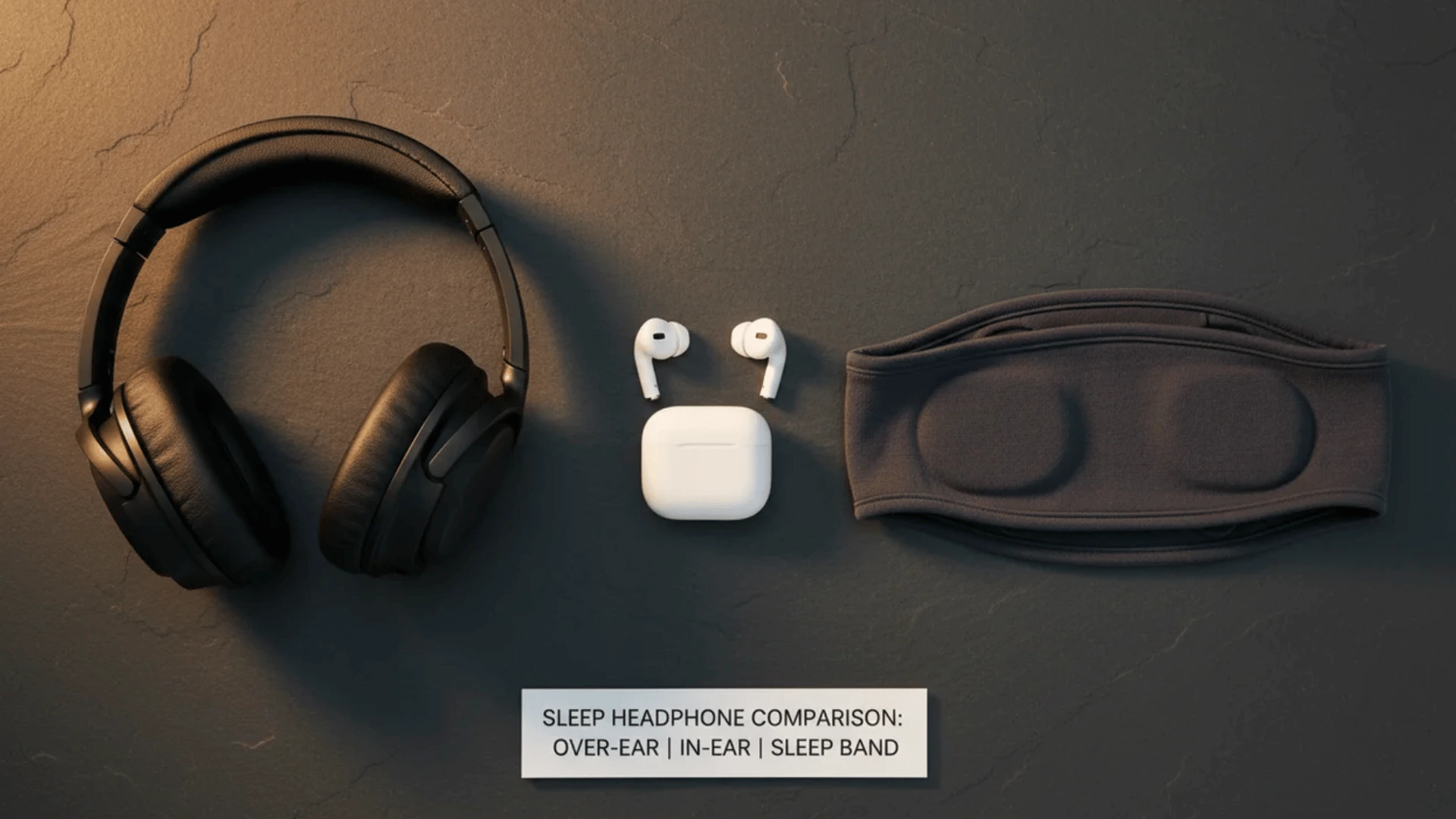 Three headphone types compared for sleeping over-ear, in-ear earbuds, and a sleep headband