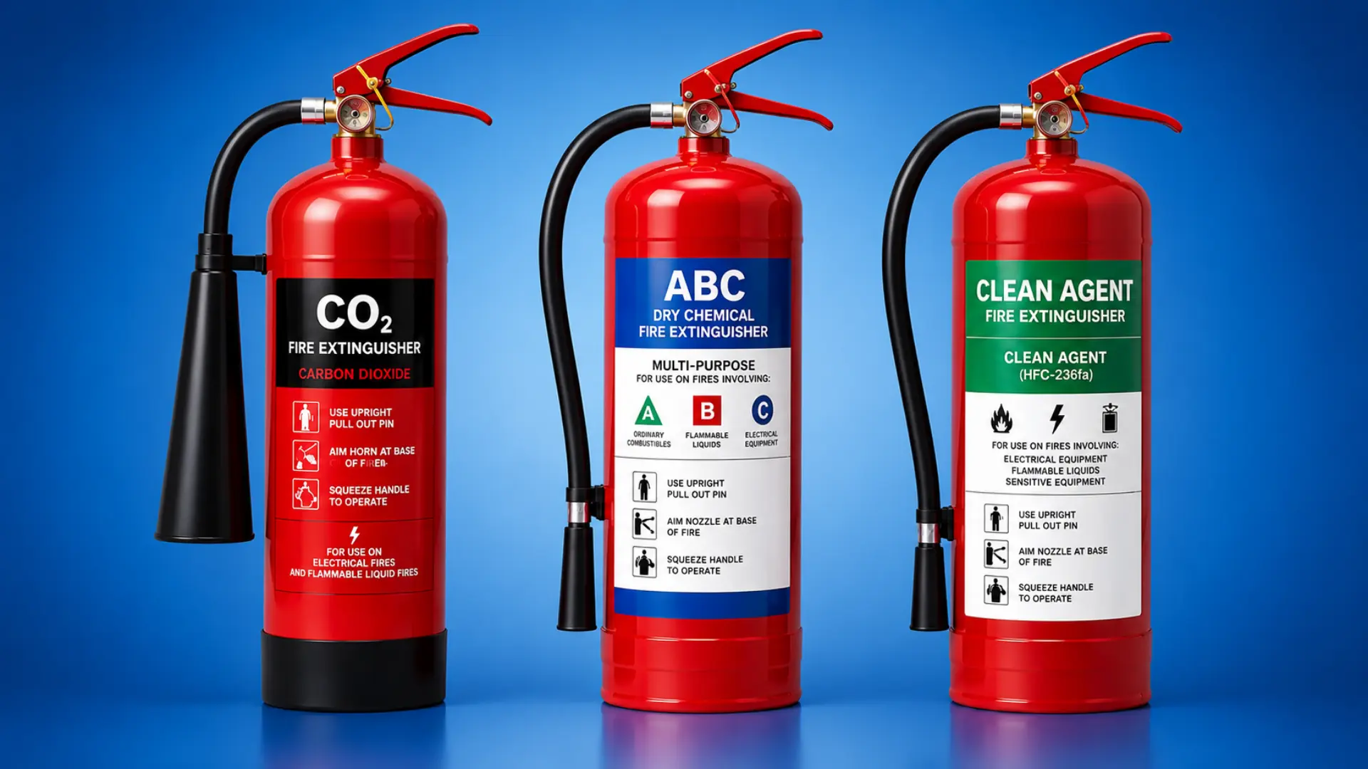 Three fire extinguishers for CO2, ABC dry chemical, and clean agent on a blue gradient background