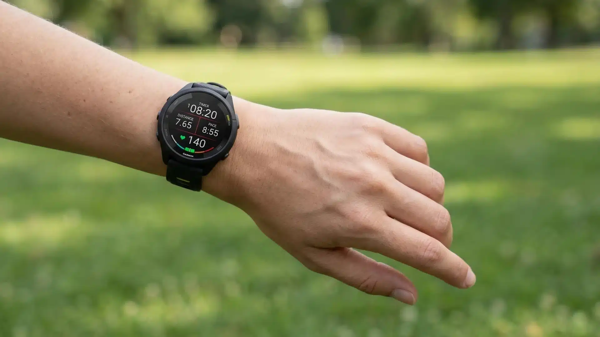 Top view of a woman’s hand wearing Garmin Forerunner 265 smartwatch in a park with green grass background