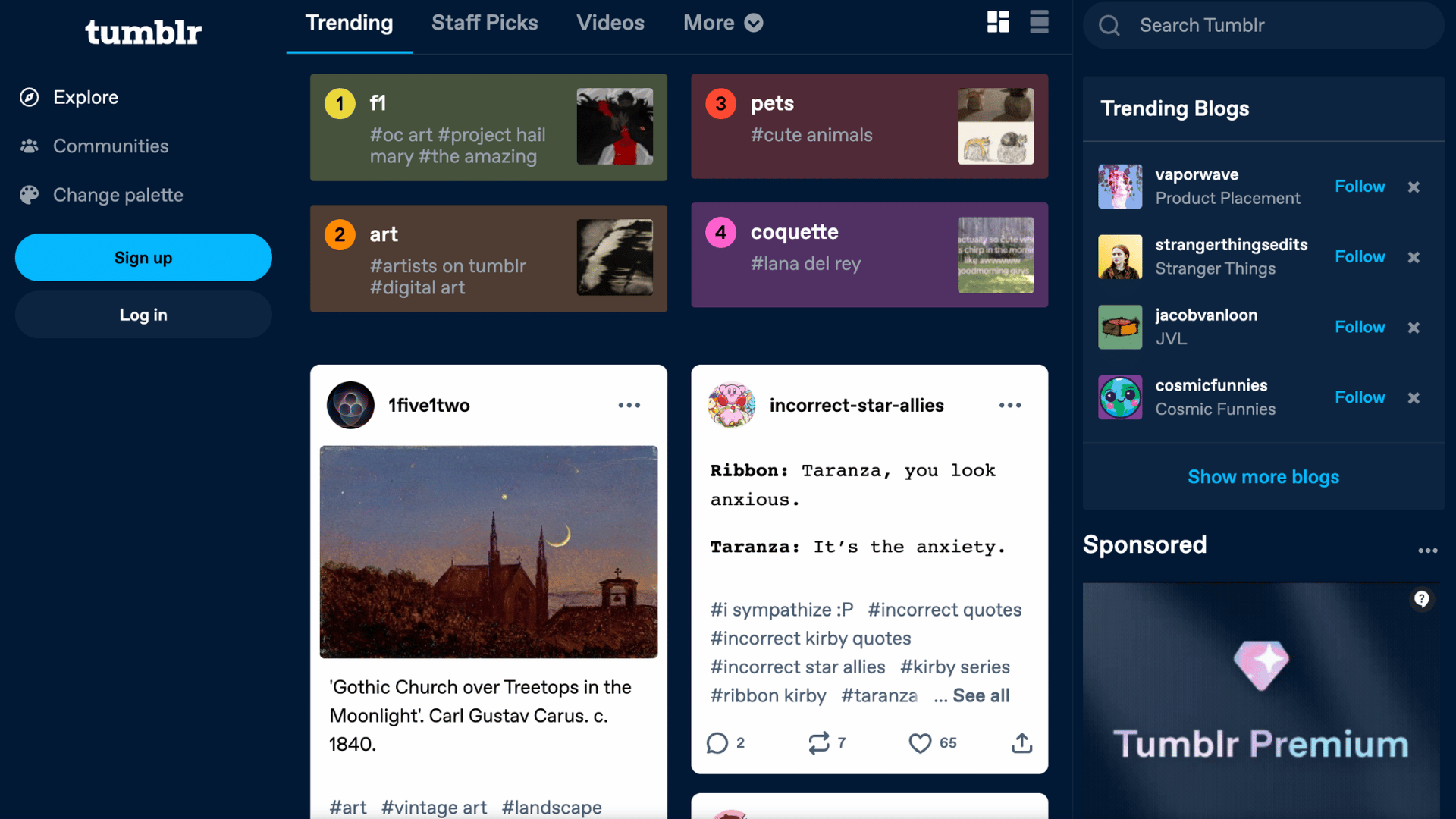 tumblr dashboard with trending topics blog posts and community recommendations displayed on a dark themed interface