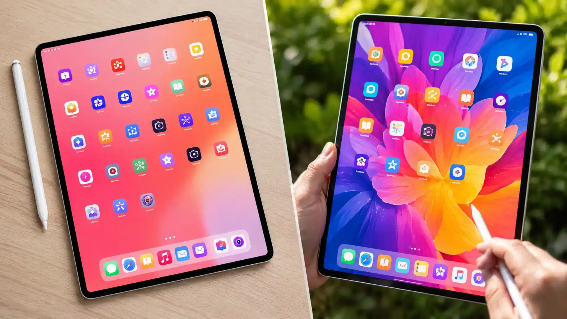 Two tablets with styluses on wood and outdoors, showing colorful app screens in a split comparison image