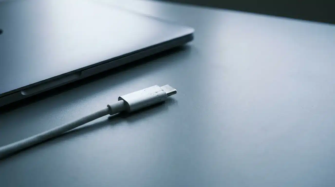 USB-C cable next to a closed laptop on a gray desk