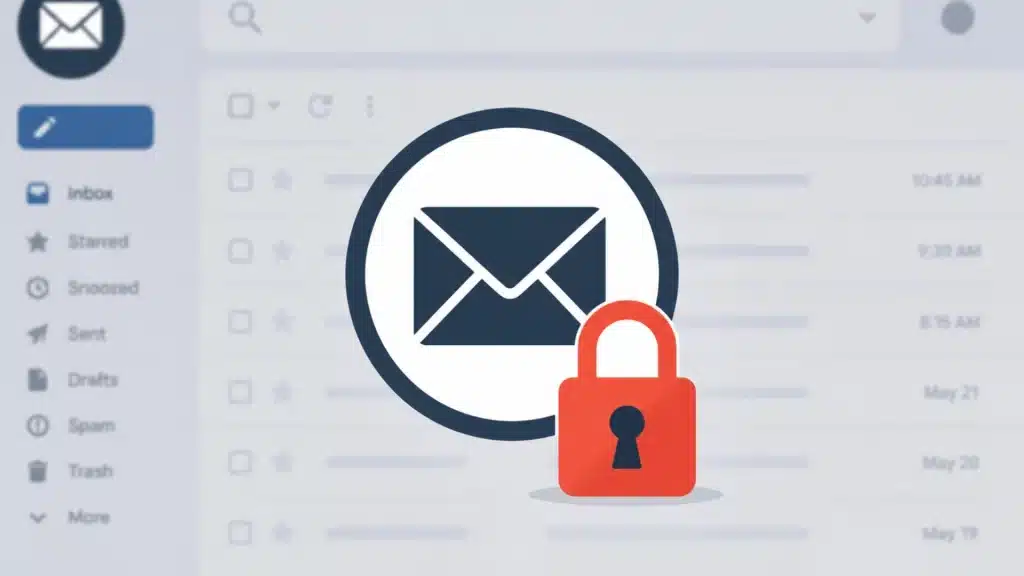 Vector email security icon with a red padlock over a blurred generic inbox interface