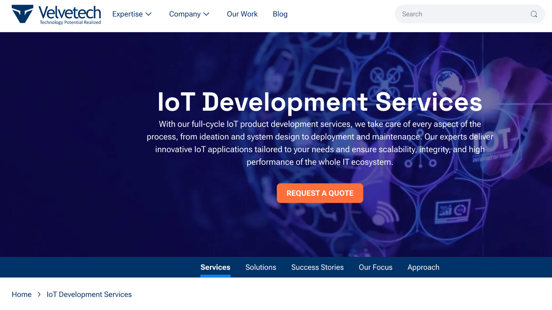 velvetech website with text iot development services over a blue background graphic showing tech icon connectivity lines