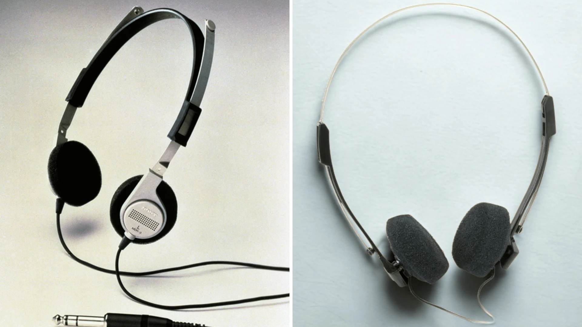 Vintage Sony MDR-3 and lightweight on-ear headphones comparison on neutral background