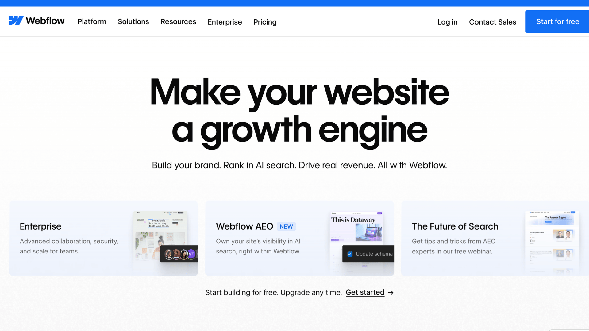 webflow homepage with make your website a growth engine message and featured platform service cards displayed