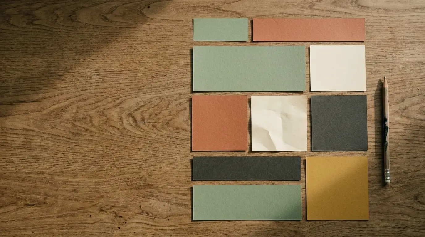 Assorted colored paper rectangles and a pencil arranged on a wooden surface in natural light