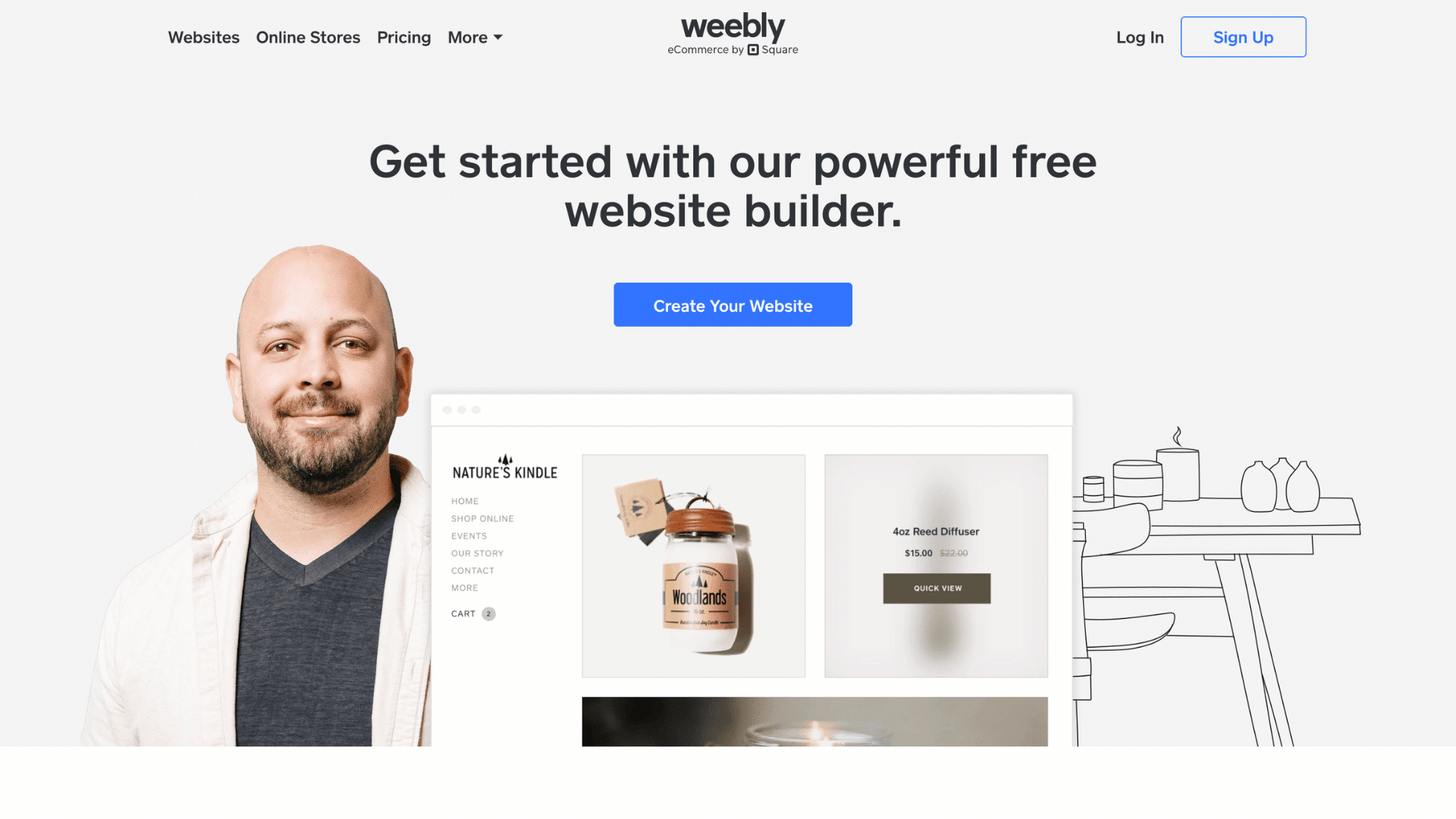 weebly homepage with website builder promotion showing online store preview and smiling man beside create website button