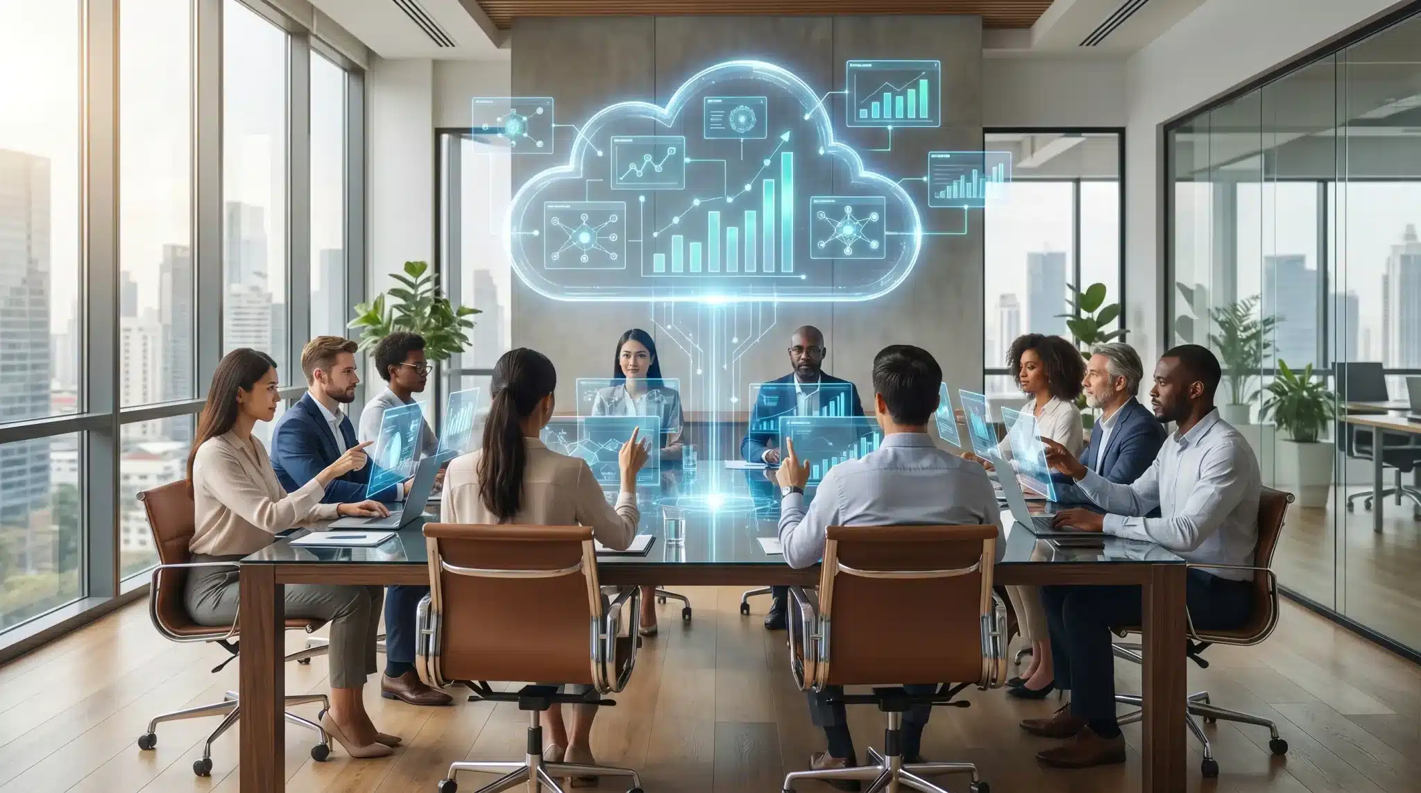 Team members interacting with digital cloud analytics interface in modern office with city view
