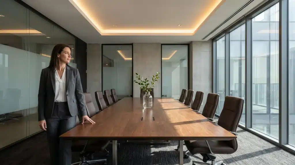 Woman in gray suit standing in modern conference room with large windows and wooden table