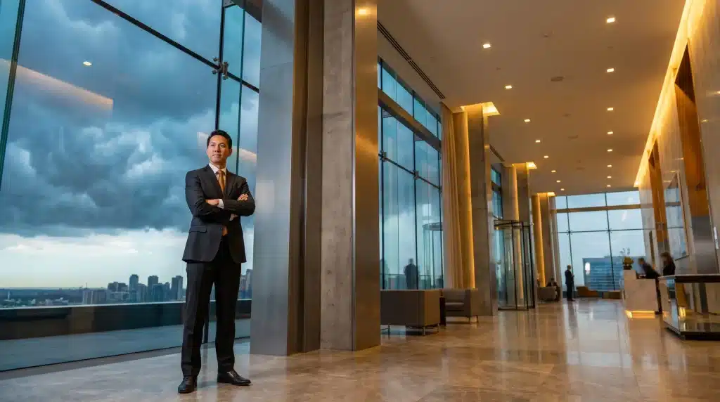 Man in a suit standing confidently in a large modern office lobby with floor-to-ceiling windows